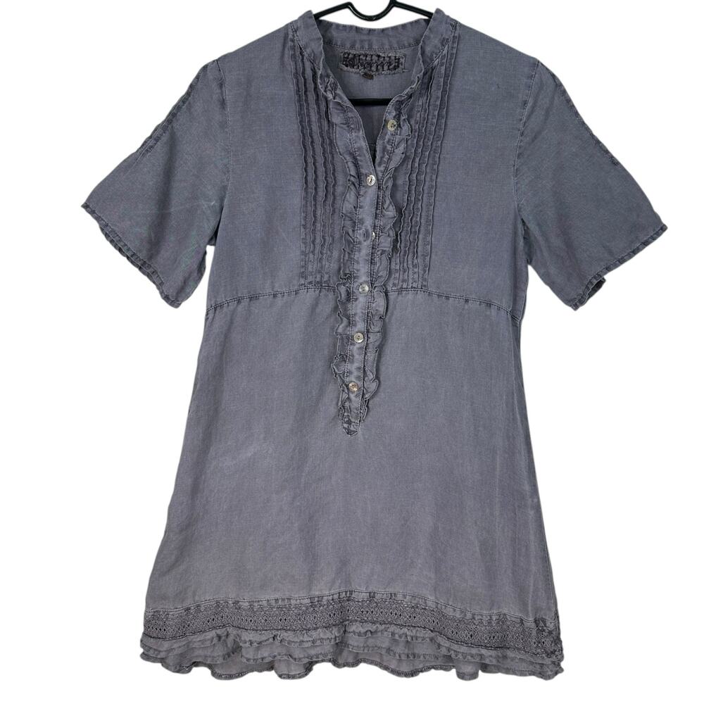 Linen Shirt Dress Size Small Purple Ruffle Mini Pintuck Artsy Lagenlook Natural